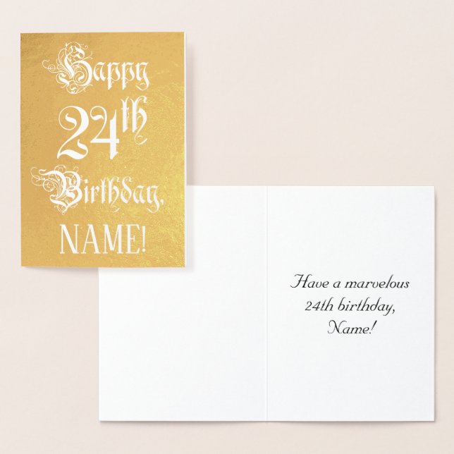 24th Birthday: Elegant, Ornate Script; Custom Name Foil Card (Display)