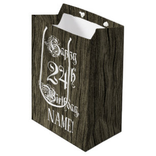 24th Birthday: Fancy, Faux Wood Look + Custom Name Medium Gift Bag