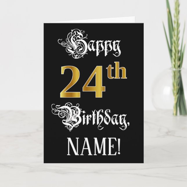 24th Birthday — Fancy Script; Faux Gold Look; Name Card (Front)