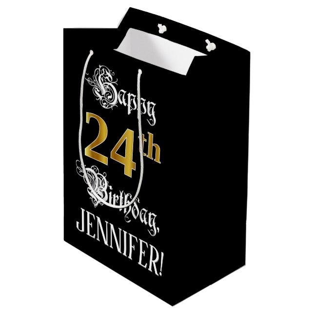 24th Birthday ~ Fancy Script; Faux Gold Look; Name Medium Gift Bag (Back Angled)