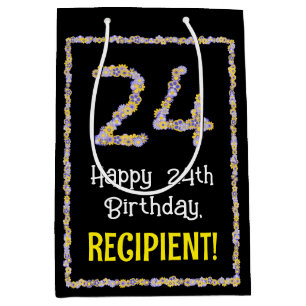 24th Birthday: Floral Flowers Number, Custom Name Medium Gift Bag