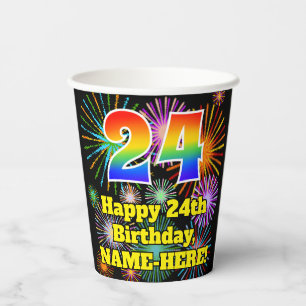 24th Birthday: Fun Fireworks Pattern + Rainbow 24 Paper Cups