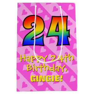 24th Birthday: Fun Pink Hearts Stripes; Rainbow 24 Medium Gift Bag