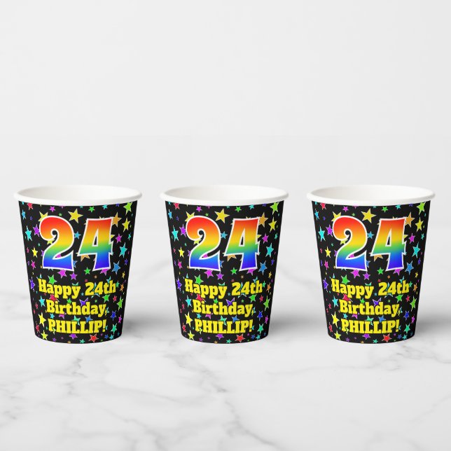 24th Birthday: Fun Stars Pattern and Rainbow 24 Paper Cups (Multi)