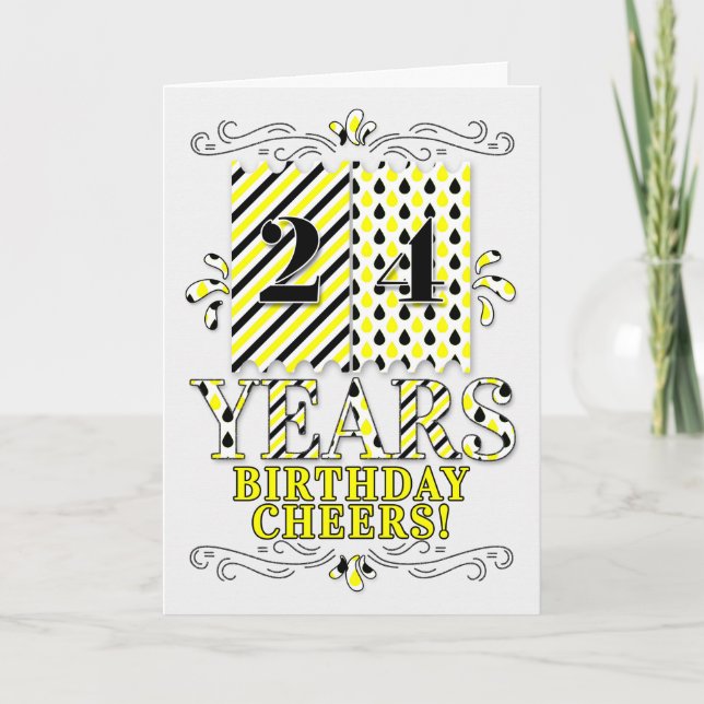 24th Birthday in Yellow and Black Stripes Teardrop Card (Front)