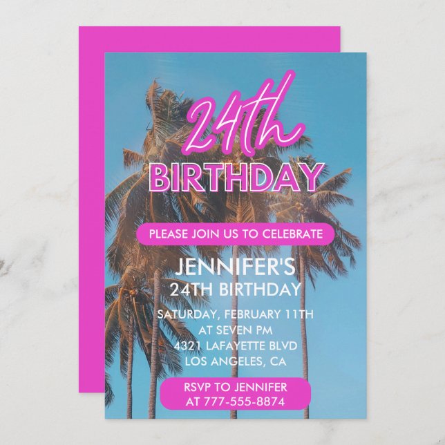 24th birthday invitation Summer Pink Palm tree (Front/Back)