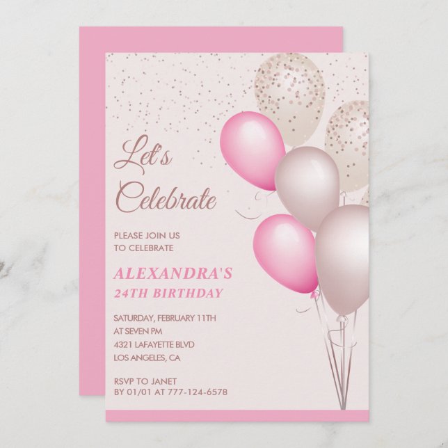 24th birthday invitations Pink Balloons Confetti (Front/Back)
