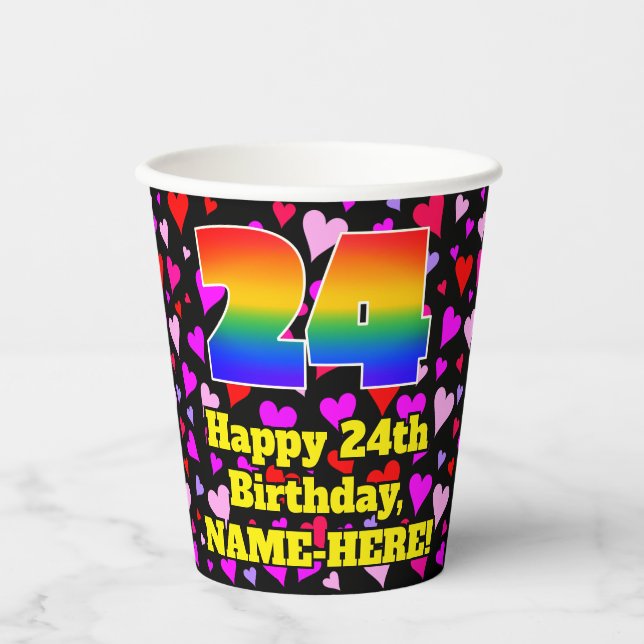 24th Birthday: Loving Hearts Pattern, Rainbow 24 Paper Cups (Front)