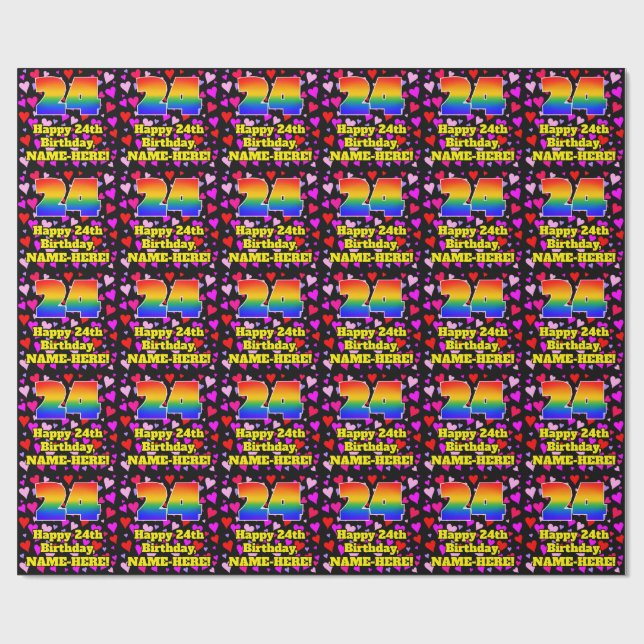 24th Birthday: Loving Hearts Pattern, Rainbow # 24 Wrapping Paper (Flat)