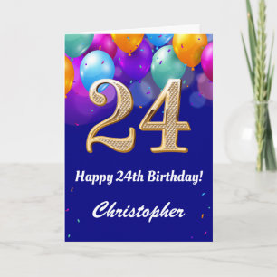 24th Birthday Navy Blue and Gold Colourful Balloon Card