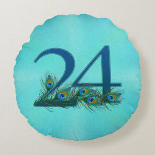 24th Birthday Or Anniversary Peacock Feather Round Cushion