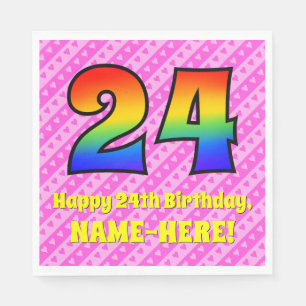 24th Birthday: Pink Stripes & Hearts, Rainbow # 24 Napkin