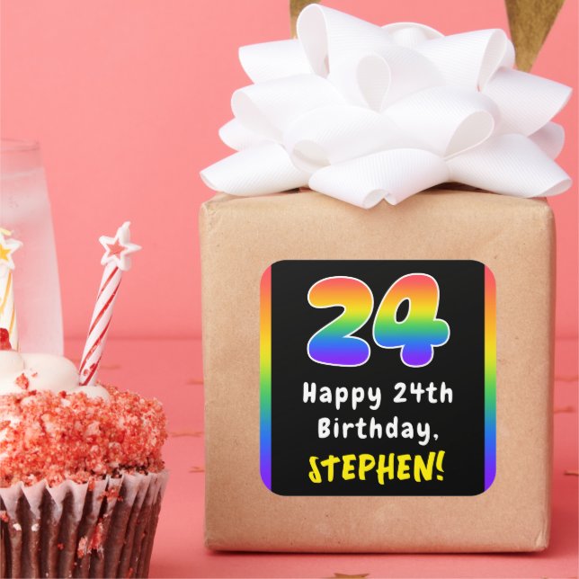 24th Birthday: Rainbow Spectrum # 24, Custom Name Square Sticker (Party)