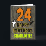 24th Birthday: Spooky Halloween Theme, Custom Name Card<br><div class="desc">The front of this scary and spooky Halloween birthday themed greeting card design features a large number "24". It also features the message "HAPPY BIRTHDAY, ", plus a personalized name. There are also depictions of a ghost and a bat on the front. The inside features an editable birthday greeting message,...</div>