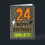 24th Birthday: Spooky Halloween Theme, Custom Name Card<br><div class="desc">The front of this scary and spooky Halloween birthday themed greeting card design features a large number "24". It also features the message "HAPPY BIRTHDAY, ", plus a personalized name. There are also depictions of a ghost and a bat on the front. The inside features an editable birthday greeting message,...</div>