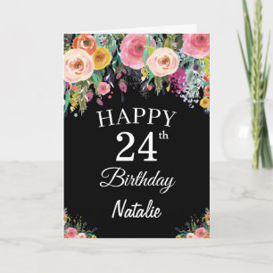 24th Birthday Watercolor Floral Flowers Black Card