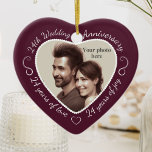24th Wedding Anniversary Photo Ceramic Tree Decoration<br><div class="desc">Celebrate a 24th happy year of marriage with a custom photo ornament in a delightful heart shape frame. Simply upload your own photo of the married couple and it will appear in the cutout. The eggplant (aubergine) colour surround features a white script font and decorations. The words are: 24th Wedding...</div>