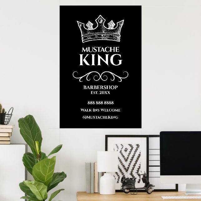 24x36 White Crown King Moustache Barbershop Sign (Home Office)