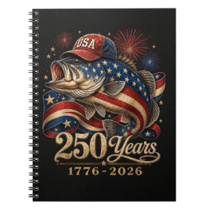 250 America 1776 2026 Bass Fishing USA Flag Notebook