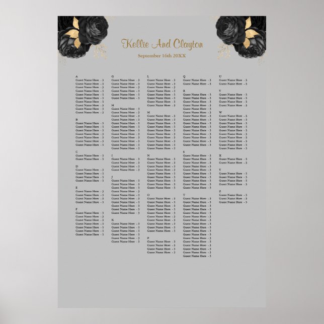 250 Black And Gold Floral Wedding Seating Chart (Front)