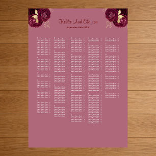 250 Burgundy & Gold Floral Wedding Seating Chart