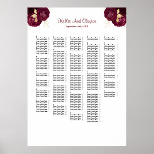 250 Burgundy & Gold Floral Wedding Seating Chart
