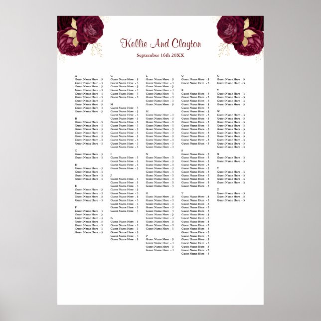 250 Burgundy & Gold Floral Wedding Seating Chart (Front)