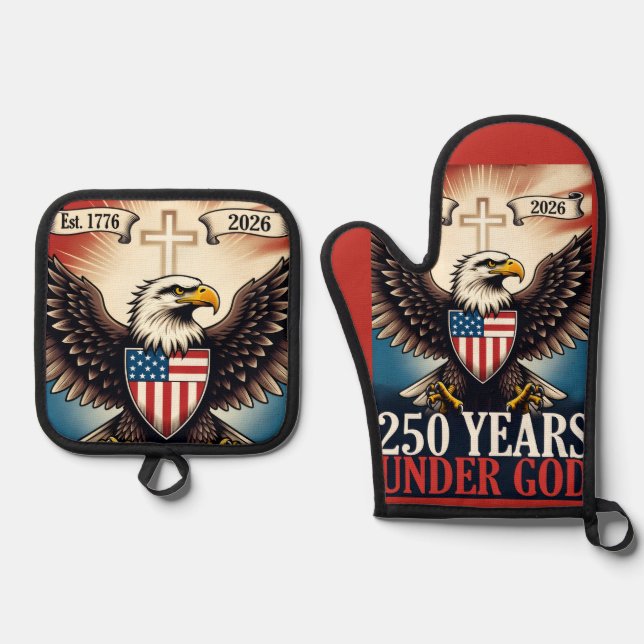 250 Independence Eagle Emblem Banner Oven Mitt & Pot Holder Set (Front)