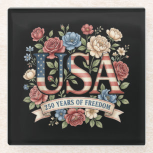 250 Years America Anniversary Flowers USA 250th Bi Glass Coaster