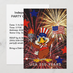 250 Years Cartoon Eagle USA Flag & Fireworks Invitation