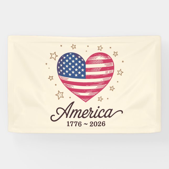 250 Years Flag Heart 1776 2026 250th 4th Of July Banner (Horizontal)