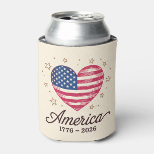 250 Years Flag Heart 1776 2026 250th 4th Of July Can Cooler