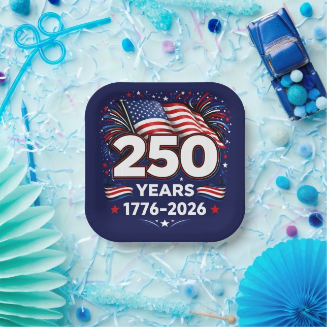 250 Years Independence Patriotic Fireworks Blue  Paper Plate (Party)