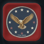 250th Anniversary Patriotic Eagle Paper Plates<br><div class="desc">Celebrate 250 years of American liberty with this elegant "Purely Patriotic" commemorative paper plate. Featuring a majestic golden bald eagle encircled by 13 vintage stars and a nautical rope border, this design honors the journey from 1776 to 2026. Perfect for Semiquincentennial galas, July 4th celebrations, or veteran honor ceremonies. Customize...</div>