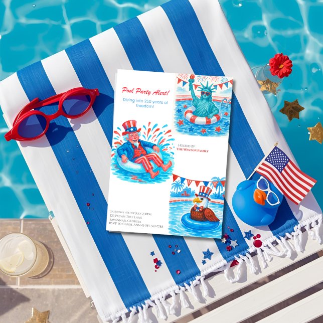 250th Anniversary Pool Party  Red, white blue  Invitation (Semiquincentennial Pool Party Red, white blue Invitation)