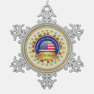 250th Anniversary USA Patriotic   1776–2026 Snowflake Pewter Christmas Ornament