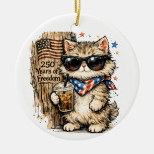 250th Anniversary USA Patriotic Cat Iced Coffee  Ceramic Tree Decoration