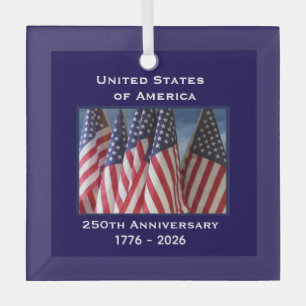 250th Anniversary USA Patriotic Flags Premium Glass Tree Decoration