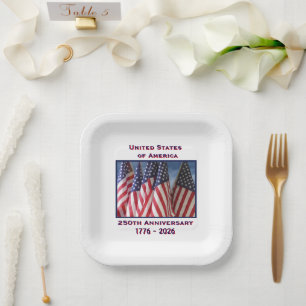 250th Anniversary USA Patriotic Flags Square Paper Plate