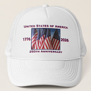 250th Anniversary USA Patriotic Flags White Trucker Hat