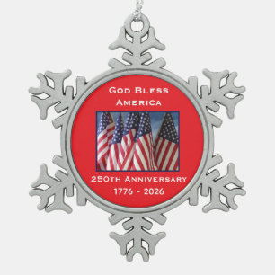 250th Anniversary USA Patriotic God Bless America  Snowflake Pewter Christmas Ornament