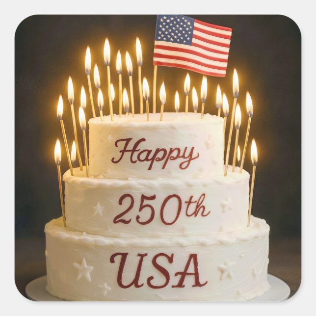 250th Birthday Cake with American Flag Square Sticker (Front)