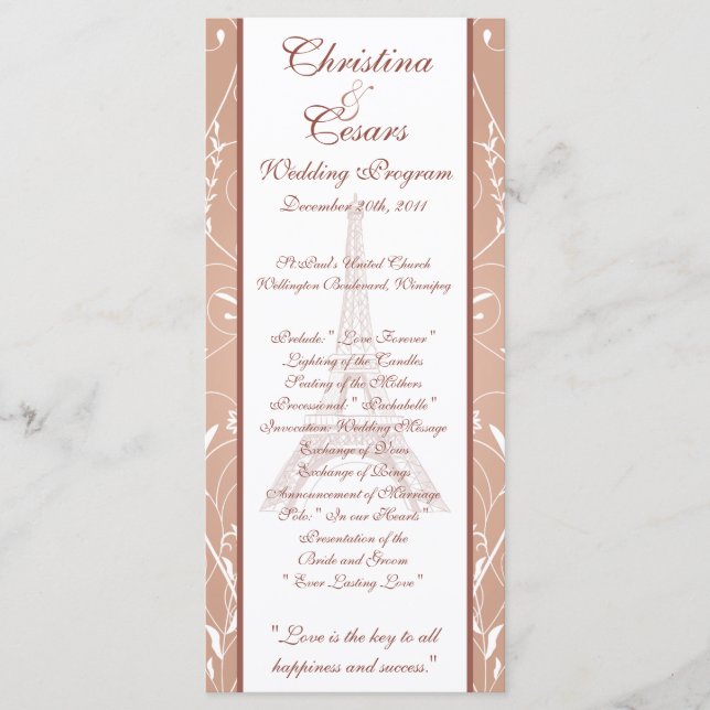 25 4 x 9 Wedding Program Floral Spiral in Paris Programme (Front)