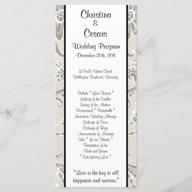 25 4 x 9 Wedding Program Grey Flourish Swirls Programme (Front)