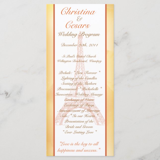 25 4 x 9 Wedding Program Paris Peach Programme (Front)