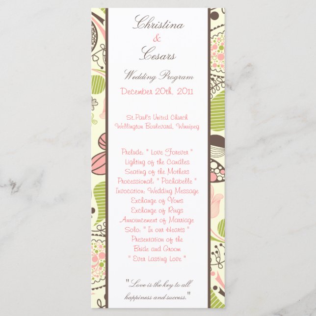 25 4 x 9 Wedding Program Spring Pink/Green Floral Programme (Front)