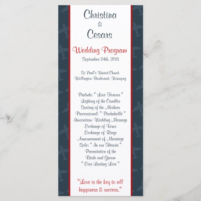 25 4x9 Wedding Program Aeroplane Flight  Blue/Red Programme (Front)