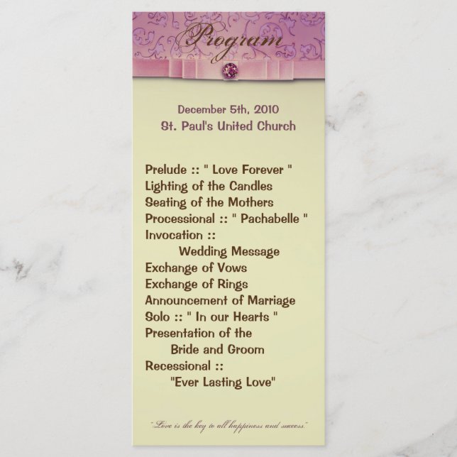 25 4x9 Wedding Program Amethyst Jewel Embossed Pap Programme (Front)