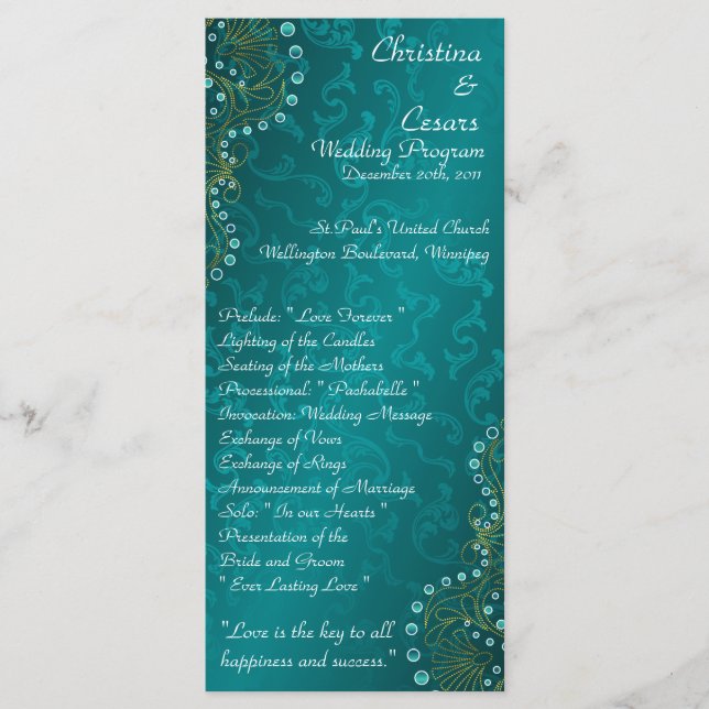 25 4x9 Wedding Program Arabian Teal Programme (Front)