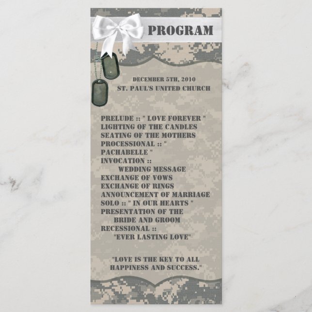 25 4x9 Wedding Program ARMY ACU Uniform Camo Camou Programme (Front)
